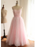 Pink See Through Beads Neckline Organza Long Wedding Dress